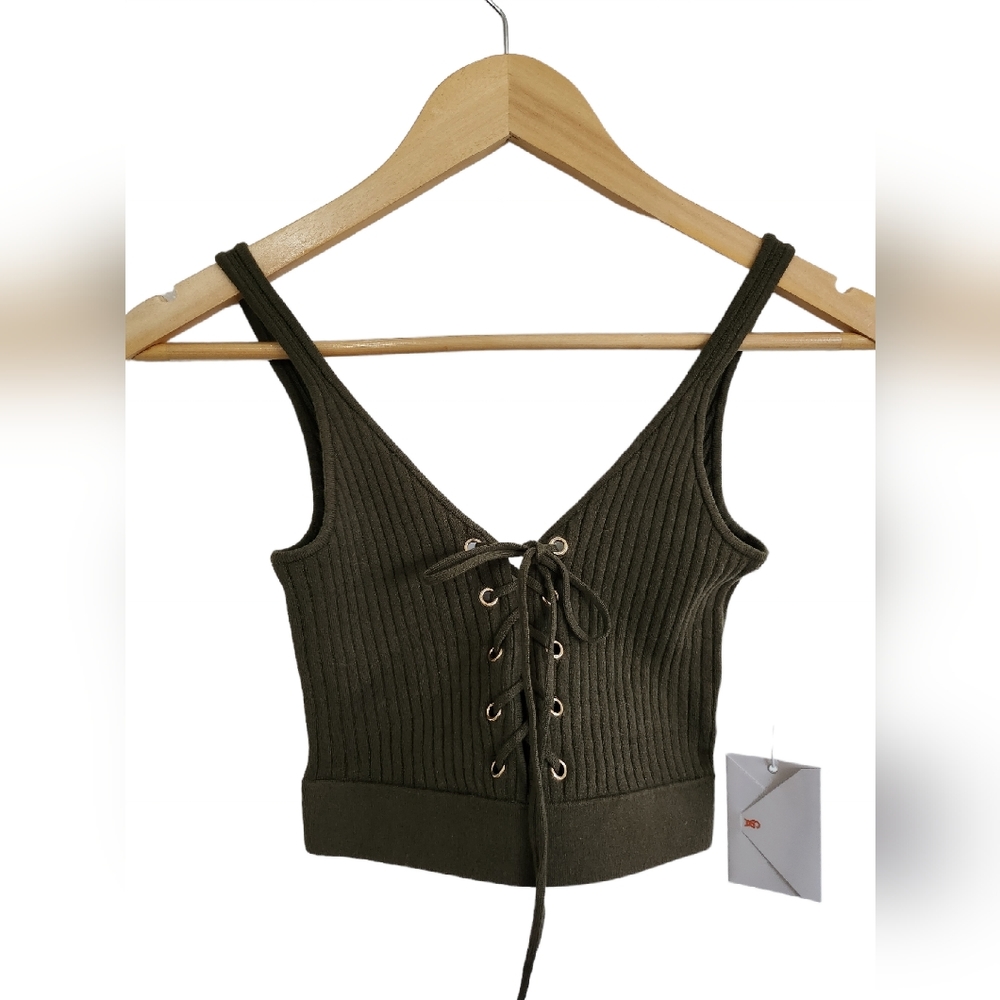 Good American Green Knit Lace-Front Crop Top